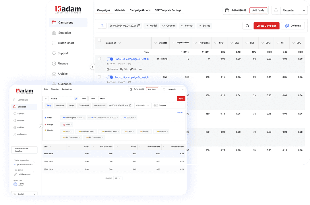 Kadam ad account interface with campaign targeting settings